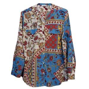 Artsy Colorful Floral V-Neck Button Blouse Top XL Long or 3/4 Roll‎ Tab Sleeves